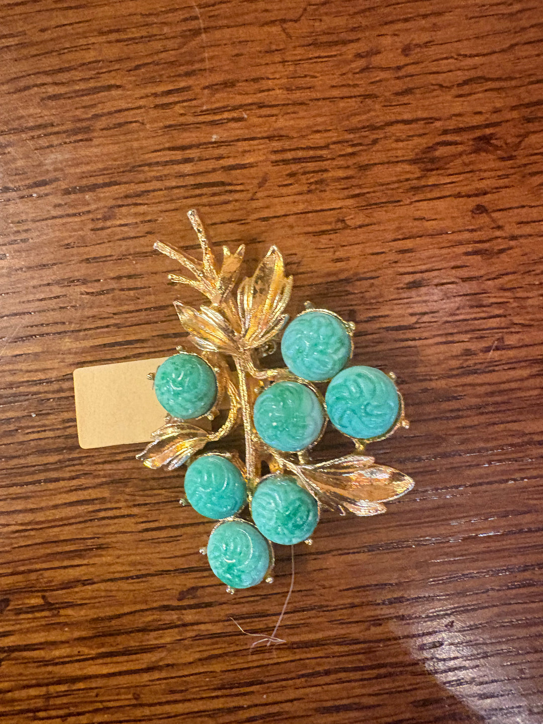 Gold Tone Brooch with Green Thermoset Detail