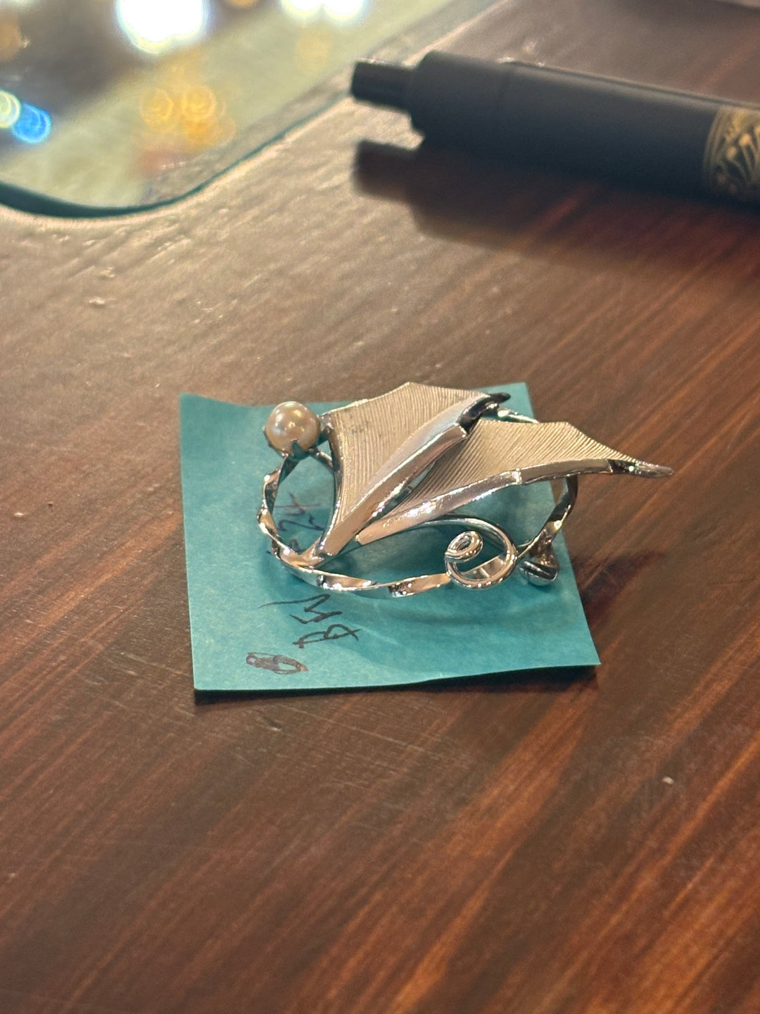 Sterling Modernist Leaf Brooch with Pearl Accent